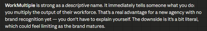 Claude brainstorming brand name options before landing on WorkMultiple